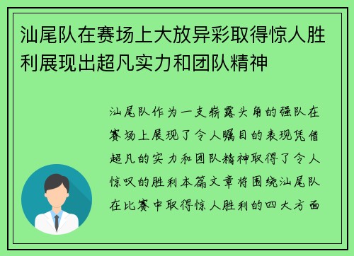 汕尾队在赛场上大放异彩取得惊人胜利展现出超凡实力和团队精神 汕尾队在赛场上大放异彩取得惊人胜利展现出超凡实力和团队精神