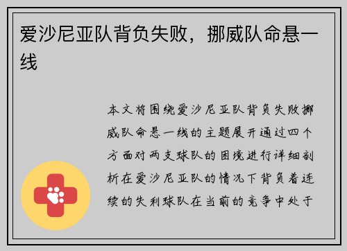 爱沙尼亚队背负失败,挪威队命悬一线 爱沙尼亚队背负失败,挪威队命悬一线