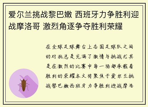 爱尔兰挑战黎巴嫩 西班牙力争胜利迎战摩洛哥 激烈角逐争夺胜利荣耀 爱尔兰挑战黎巴嫩 西班牙力争胜利迎战摩洛哥 激烈角逐争夺胜利荣耀